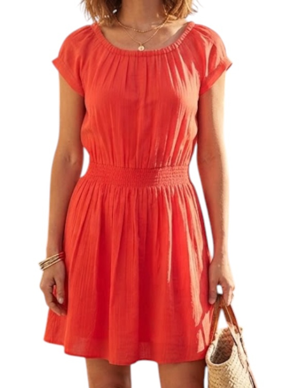 MASTINA Coral Pink Ruched Waist Fit Flare Dress Cap Sleeve Cami Womens Small S